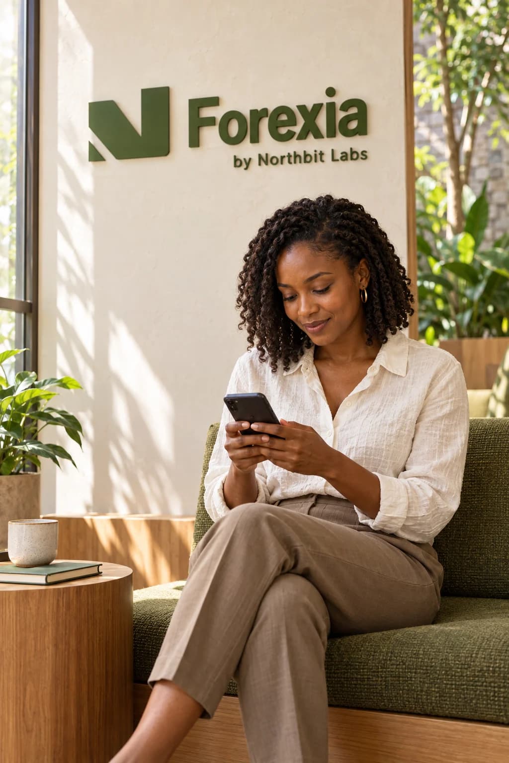 Illustrative scene of a Kenyan customer checking her phone in a sunlit lounge with the Forexia logo on the wall.