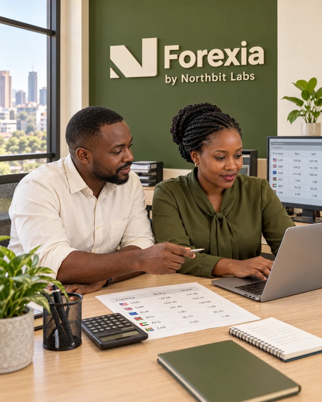 Illustrative scene of two Kenyan FX professionals reviewing rates at a laptop beneath a Forexia wall sign.