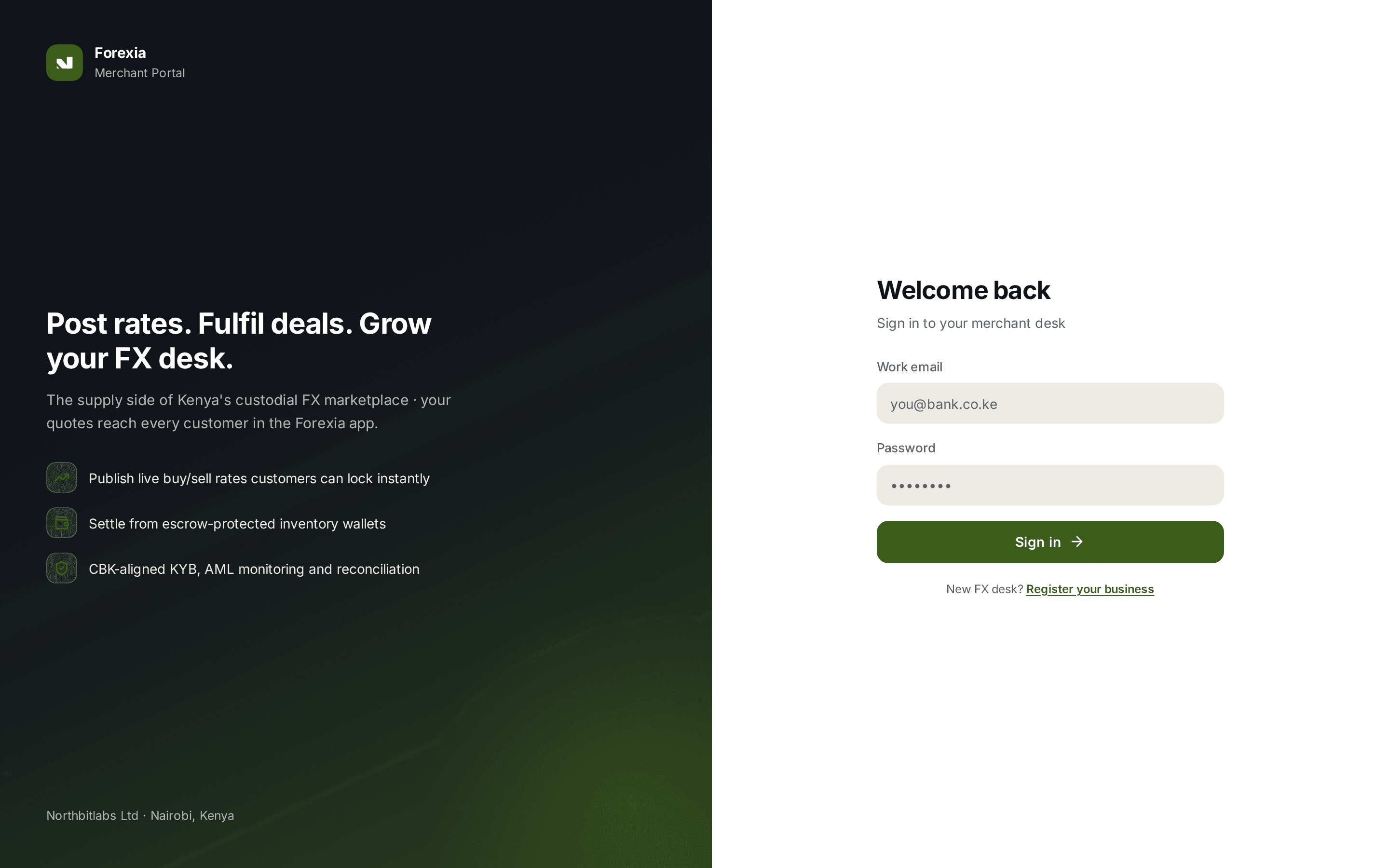 Forexia merchant portal sign-in screen