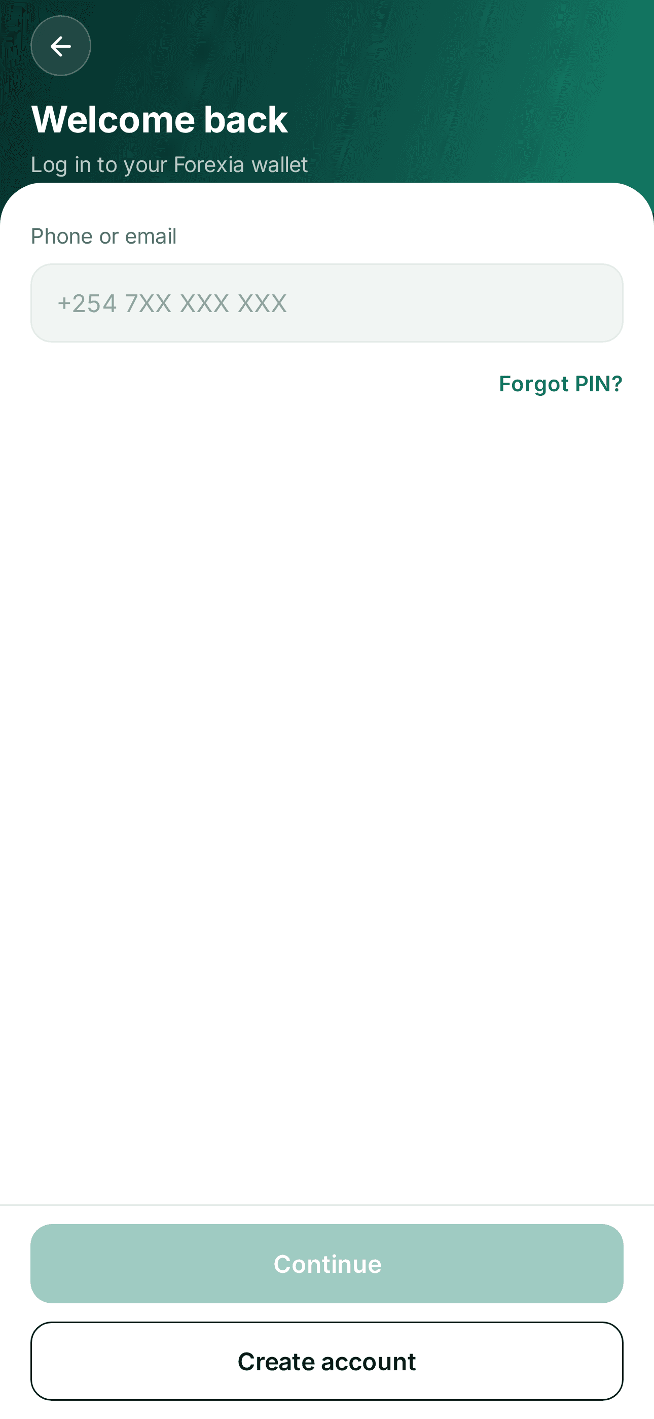 Forexia app login screen
