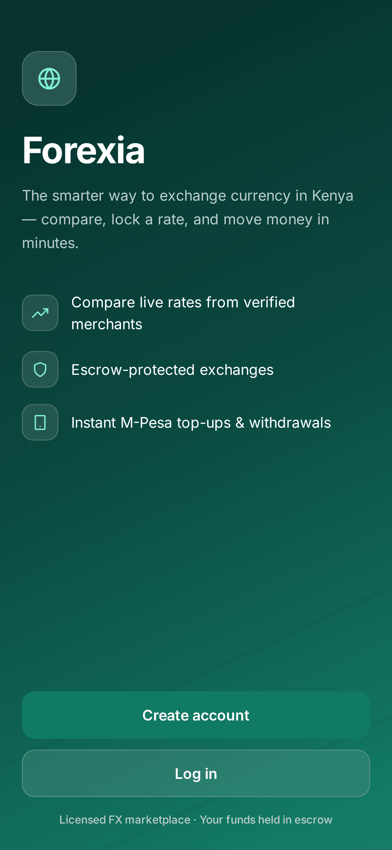 Forexia app welcome screen